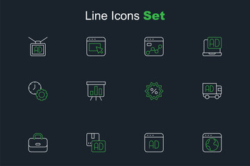 Set line Worldwide, Advertising, Briefcase, on truck, Discount percent tag, Board with graph chart and Time management icon. Vector
