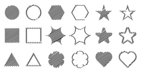 Vector set of grungy scribble shape elements. Art texture hand drawn doodle sketch style of circle, rectangle, star, heart brush decoration. Vector illustration