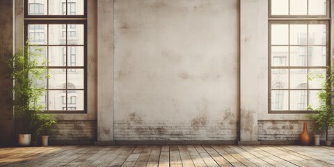 Three blank white posters in loft interior with windows and sunlight. Mock up.