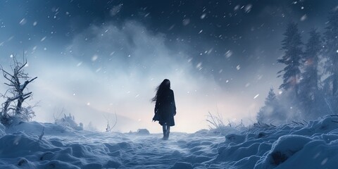 Young woman standing in misty nature gazing into the distance lost in thought Back view Fresh footprints in deep snow Chilly winter day - Powered by Adobe