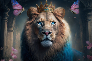 A regal portrait capturing the majesty of a lion adorned with a golden king crown and surrounded by vibrant colorful butterflies. Ai generated