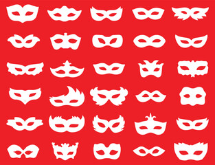  Set of carnival masks silhouettes. Simple white  icons of masquerade masks, for party, parade and carnival isolated on red background