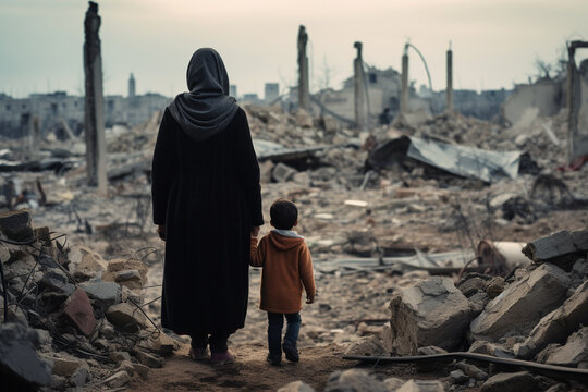 Mother and child in destroyed city in Palestine Israel war conflict. Humanitarian crisis concept. Generative AI