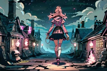 person in the city pink hair girl 