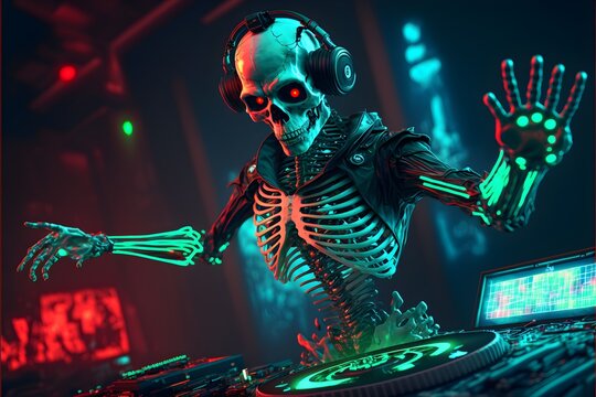 skeleton cyberpunk cyborg dj spinning a record in a futuristic dance club night vision vr goggles tactical vest hand held computer action pose 3d render depth of field volumetric lighting computers 