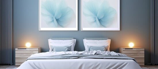 Bedroom with blue wall and two vertical poster frame mockups Soft morning light and curtains illustration