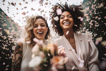 Portrait of a happy smiling lesbian couple celebrating their wedding with lots of confetti flying around them. Diversity, sexual equality, and same-sex marriage concept - obrazy, fototapety, plakaty