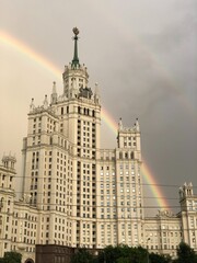 Rainbow behind the building in Moscow