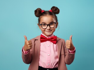 kid girl with round glasses thumb up