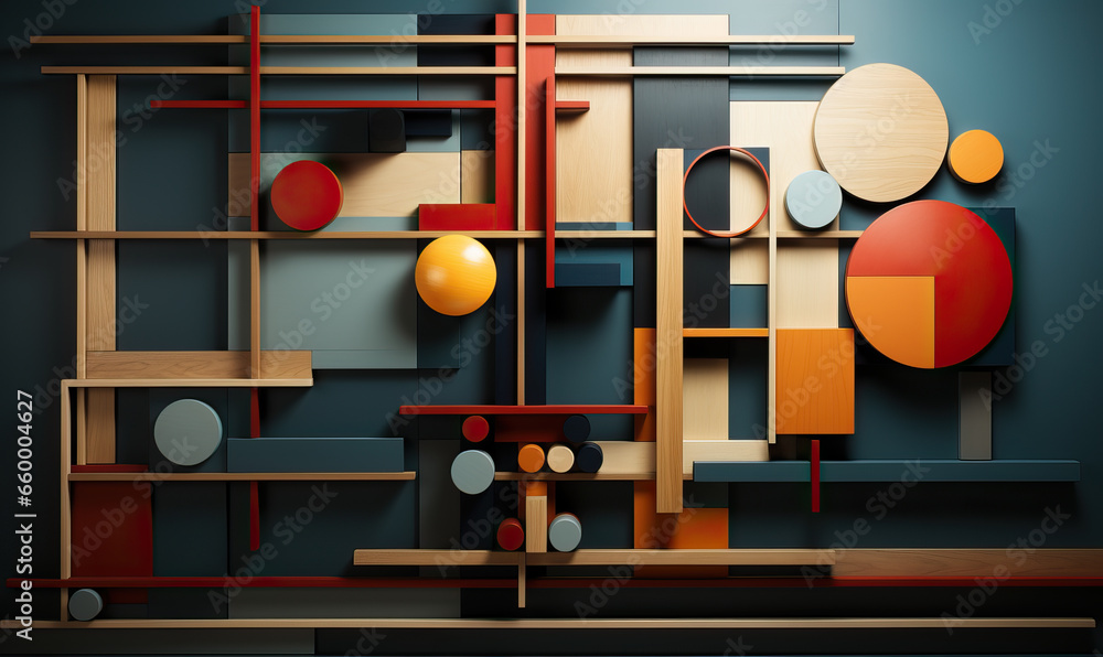 Poster dark background with colored 3d rectangles of different sizes.