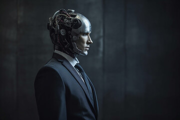 Explore the fusion of business and technology in this creative concept, featuring a suited man working with a robotic face. Working like a robot concept. Ai generated