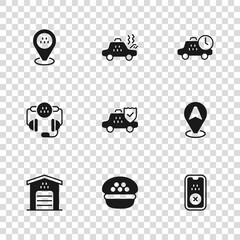 Set Taxi driver cap, Location taxi car, mobile app, insurance, waiting time, Broken and call telephone service icon. Vector