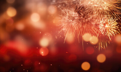Fototapeta premium Dazzling fireworks and twinkling bokeh lights illuminate the dark night sky.