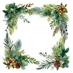Fototapeta premium Watercolor fir tree branches frame on white background.