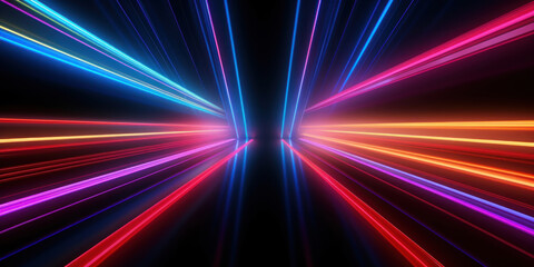 Dynamic neon lights streak across the dark.