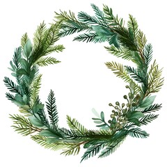 Watercolor fir tree branches frame on white background.