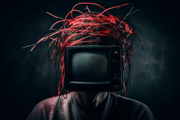 Explore the impact of media influence in this creative concept, depicting a man with a TV set and wires instead of his head. Media brainwashing concept idea. Ai generated - obrazy, fototapety, plakaty