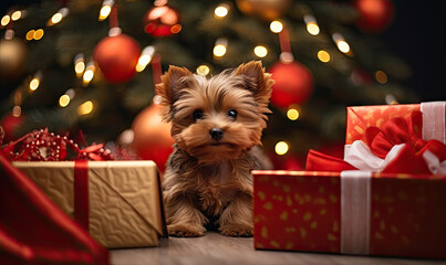 A playful puppy and a twinkling Christmas tree.