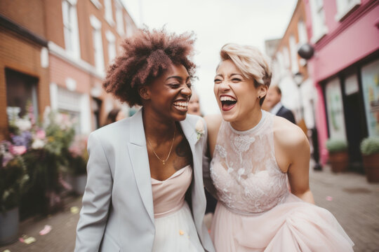 Portrait of a happy smiling lesbian couple celebrating their wedding. Diversity, sexual equality, and same-sex marriage concept