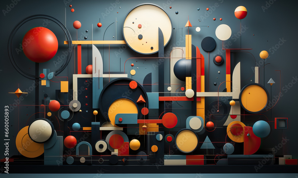 Poster dark background with colored 3d rectangles of different sizes.