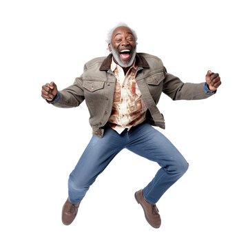Afro senior man jumping isolated on white or transparent background. AI Generated.