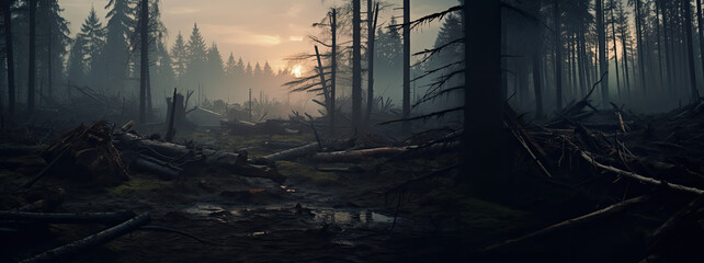 Devastated forest after fire with tree stumps on the ground in mysterious and dark atmosphere, deforestation and consequences on the nature of a fire, panoramic wallpaper
