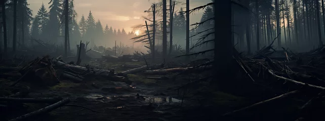 Fotobehang Devastated forest after fire with tree stumps on the ground in mysterious and dark atmosphere, deforestation and consequences on the nature of a fire, panoramic wallpaper © kiddsgn