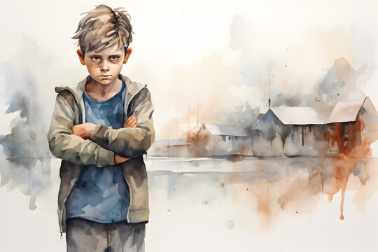 Abstract watercolour image of Oppositional Defiant Disorder (ODD) A child with crossed arms and a defiant expression