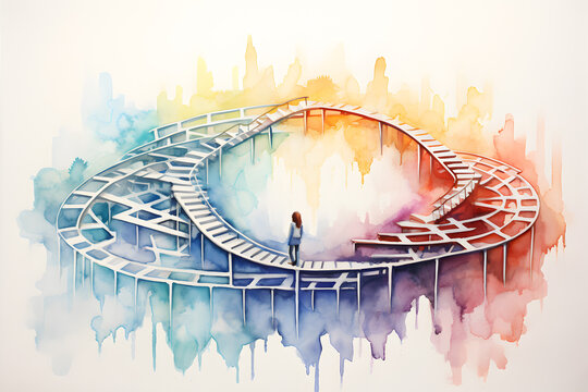 Abstract watercolour image of Bipolar Disorders A rollercoaster representing the highs and lows of mood swings