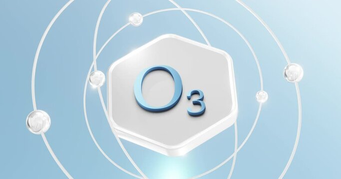 ozone symbol o3 located on a hexagon with atoms and orbits rotating around, 3d rendering of greenhouse gas