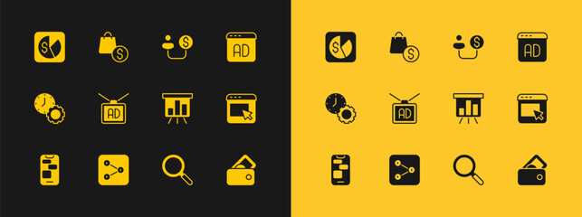 Set Advertising, Share, Board with graph chart, Magnifying glass, Human and money, Market analysis and shopping bag dollar icon. Vector