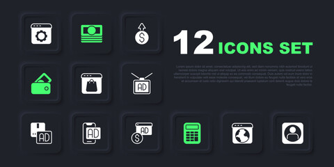 Set Worldwide, Create account screen, Online shopping on, Calculator, Wallet with money, Advertising, Stacks paper cash and icon. Vector