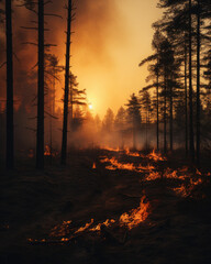 apocalypse landscape, land of fire and fog atmosphere, forest on fire