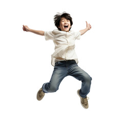 Asian smiling boy jumping isolated on white or transparent background. AI Generated.