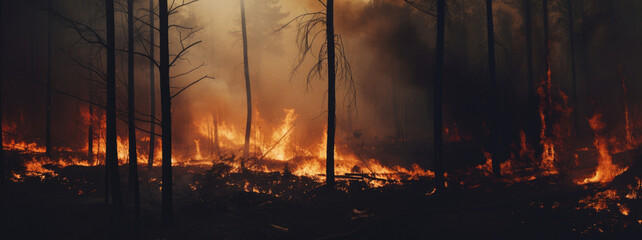 fire forest wallpaper, global disaster with fire forest, dark atmosphere in contrast with the bright color of the fire, panoramic banner  - obrazy, fototapety, plakaty