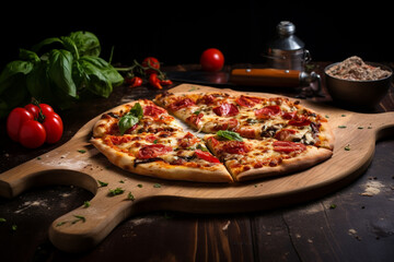Freshly baked italian classic pizza on wooden table. Generative AI