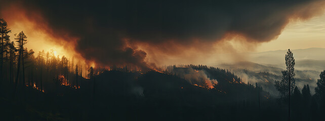 sky filled with smoke from a forest fire, treetops barely visible, orange sun through black smoke, wallpaper  - Powered by Adobe