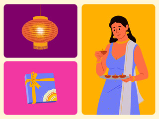 Diwali Festival elements with Indian women celebrating the festival can be used for banners, social media posts, posters, and packaging editable templates.  