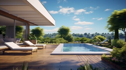 General view of terrace with swimming pool and trees. house interior, design and domestic life. - Powered by Adobe
