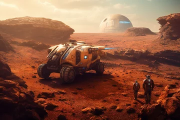  Witness the future with a high tech  rover car venturing across the desolate landscapes of Mars or a distant celestial planet. Ai generated © dragomirescu