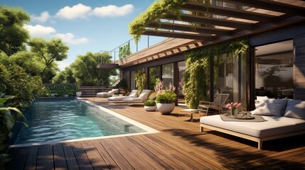 General view of terrace with swimming pool and trees. house interior, design and domestic life.