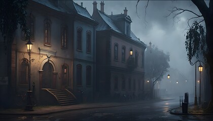 The dreary and foggy streets of the town of Vallaki 