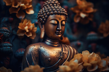 Buddha statue with floral background - obrazy, fototapety, plakaty