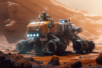 Fototapeta na wymiar Witness the future with a high tech rover car venturing across the desolate landscapes of Mars or a distant celestial planet. Ai generated