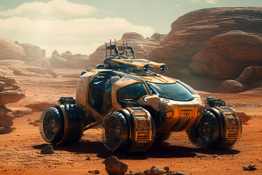 Witness the future with a high tech  rover car venturing across the desolate landscapes of Mars or a distant celestial planet. Ai generated