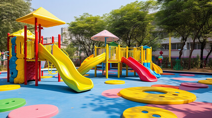 Colorful playground for active kids in outdoor yard. Generative AI