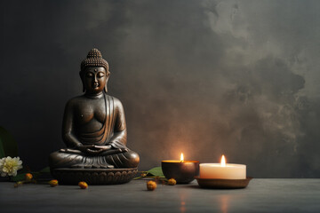 Buddha statue in lotus pose at grey background with copy space 