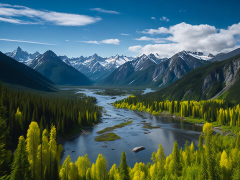 Fantastically beautiful landscape. Mountains, rivers, lakes. AI