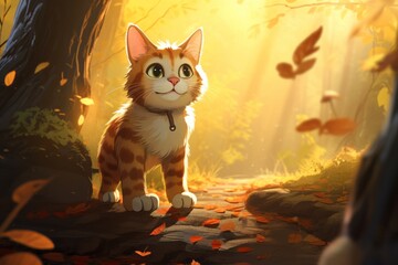 Cute cat is hiking in the forest trails at sunny daytime