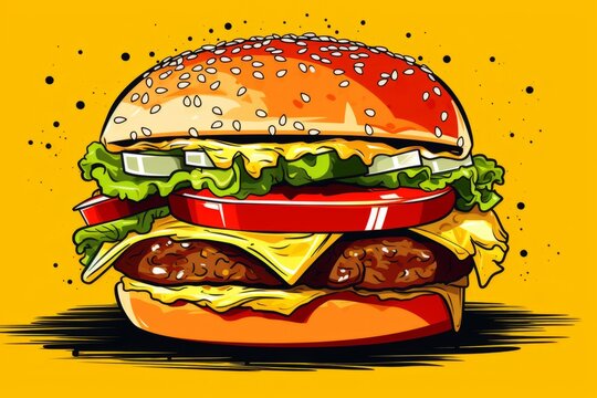 Image of the tasty hamburger on the yellow background